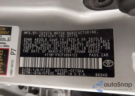 2015 Toyota Camry Se z USA, uszkodzony, nr VIN 4T1BF1FK2FU994122